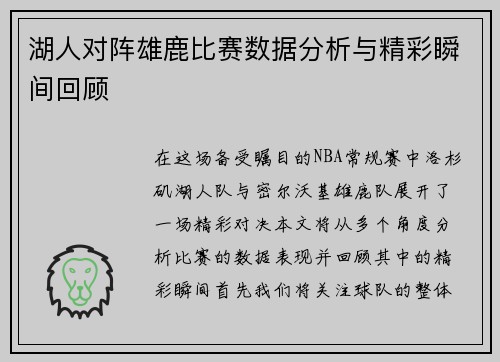 湖人对阵雄鹿比赛数据分析与精彩瞬间回顾
